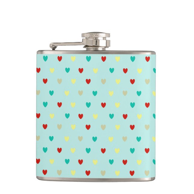 Tiny polka hearts on seafoam green hip flask (Front)