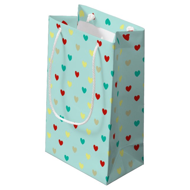 Tiny polka hearts on seafoam green small gift bag (Back Angled)