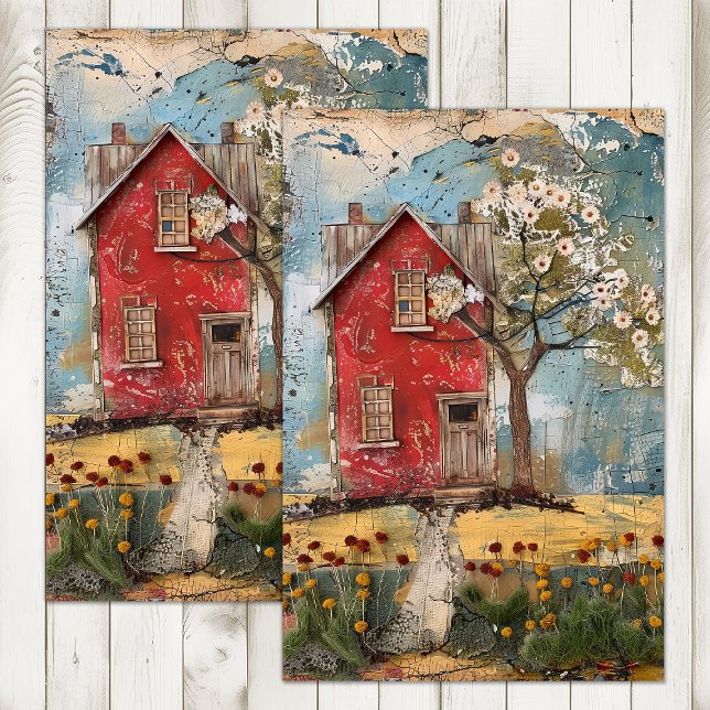TINY RED COUNTRY HOUSE MIXED MEDIA DECOUPAGE TISSUE PAPER (TINY RED COUNTRY HOUSE MIXED MEDIA DECOUPAGE TISSUE PAPER)