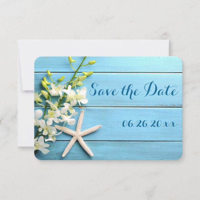 Tiny Round Starfish Save The Date Cards Orchids (Front)