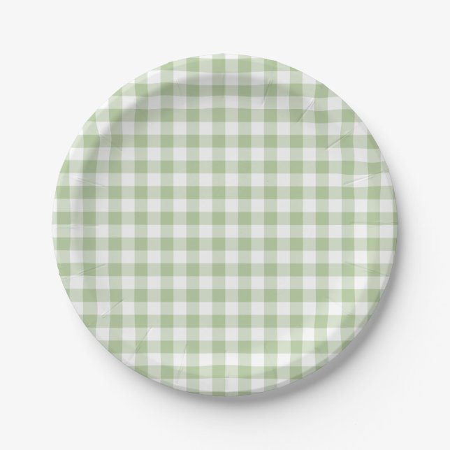 Tiny Sage and White Gingham Paper Plate (Front)