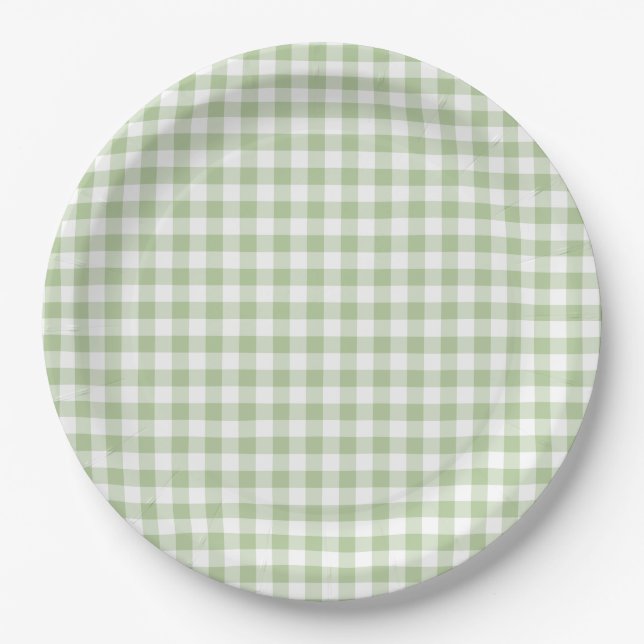 Tiny Sage and White Gingham Paper Plate (Front)