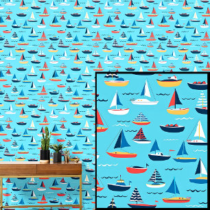 Tiny Sailing Boats in the Sea, Nautical Aqua Blue  Wallpaper