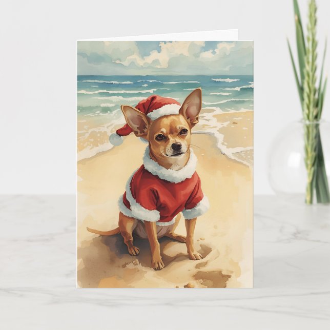 Tiny Santa, Big Cheer – Chihuahua Beach Christmas Card (Front)