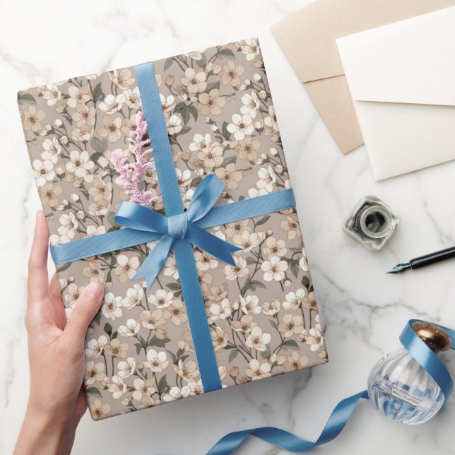 Tiny Scattered Blossoms — Understated Beige & Sage Wrapping Paper (Gifting)