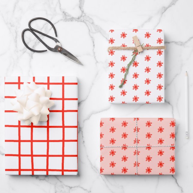 Tiny Scribbled Daisies Grid Whimsical Red Pink Set Wrapping Paper Sheet (Front)