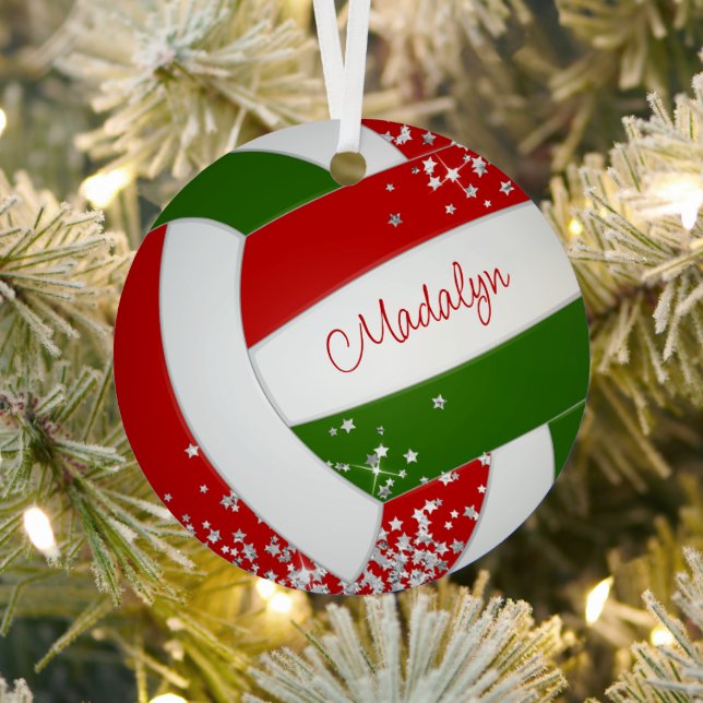 tiny silver stars red green keepsake volleyball metal tree decoration (Insitu)