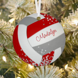 tiny silver stars red grey volleyball keepsake metal tree decoration