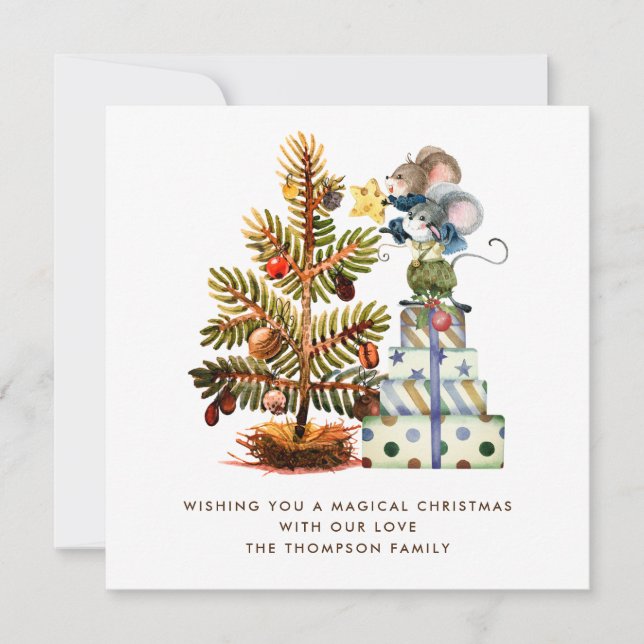 TINY SIZE Cute Mice Christmas Tree Holiday Card (Front)