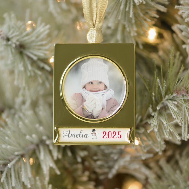 tiny  snowman - personalised  gold plated banner ornament (Tree)