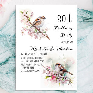 Tiny Sparrow Cherry Blossoms Spring 80th Birthday Invitation