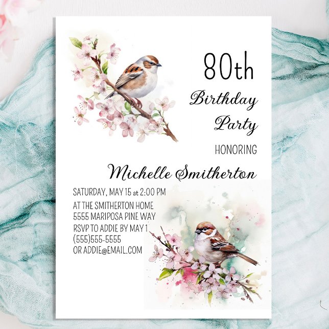 Tiny Sparrow Cherry Blossoms Spring 80th Birthday Invitation (Pretty sparrow 80th birthday party invitation for women)