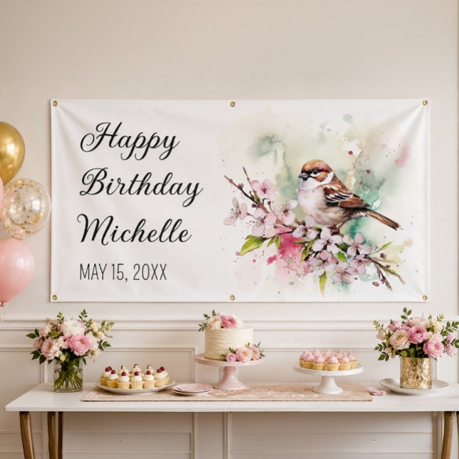 Tiny Sparrow Cherry Blossoms Spring Birthday Name Banner (Sparrow and cherry blossoms birthday banner)