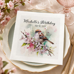Tiny Sparrow Cherry Blossoms Spring Birthday Name Napkin