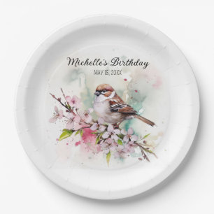 Tiny Sparrow Cherry Blossoms Spring Birthday Name Paper Plate