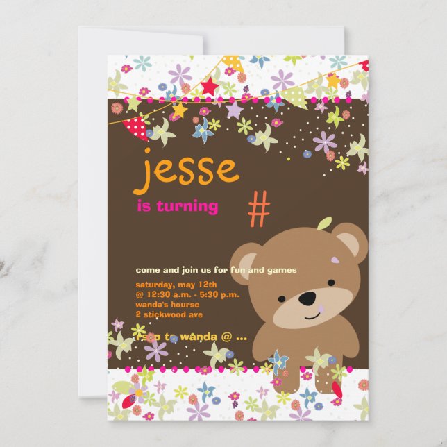Tiny Teddy Bear Personalised Party Invitation (Front)