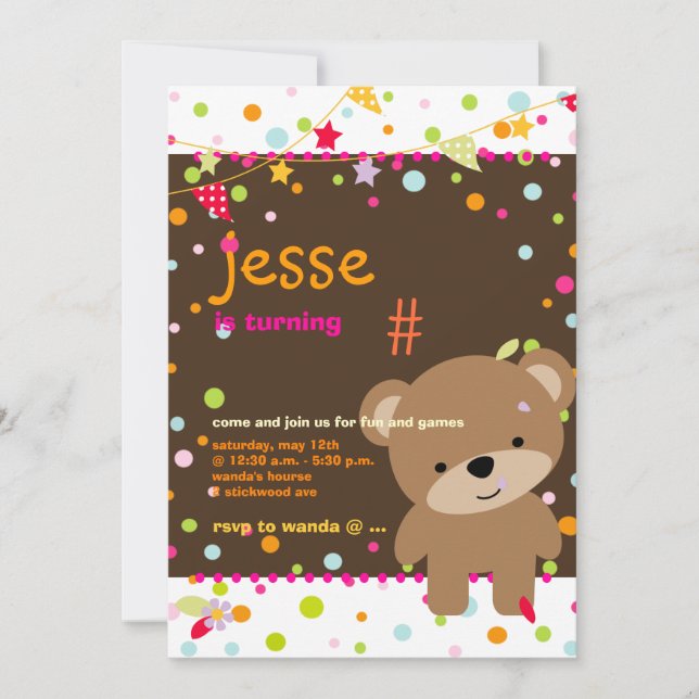 Tiny Teddy Bear Personalised Party Invitation (Front)