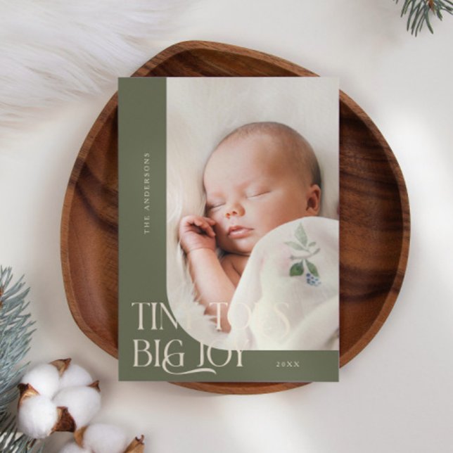 Tiny Toes Big Joy Sage Green Photo Birth  Announcement (Creator Uploaded)