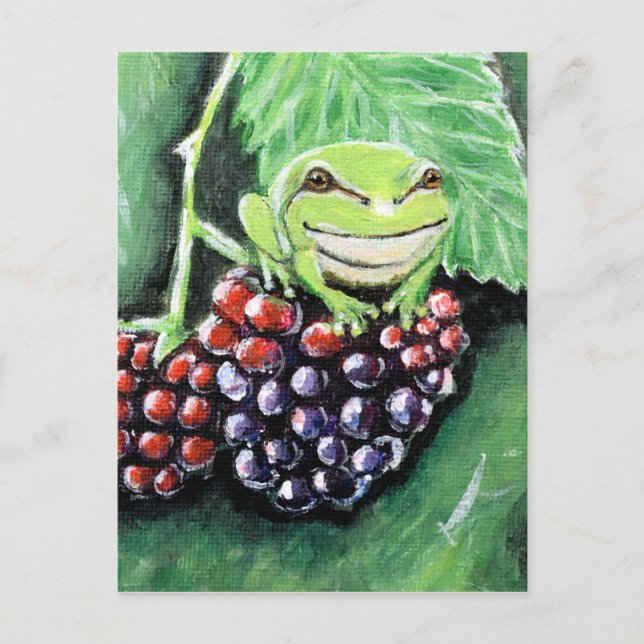 Tiny Tree Frog on a Blackberry Painting Postcard (Front)