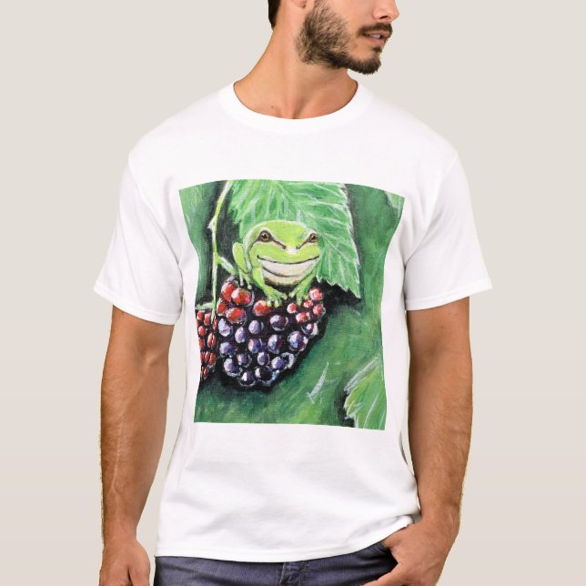 Tiny Tree Frog on a Blackberry Painting T-Shirt (Front)