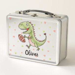 Tiny Trex Playing Football Personalised Metal Lunch Box