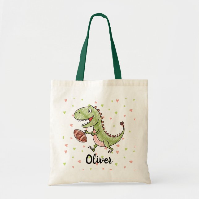 Tiny Trex Playing Football Personalised Tote Bag (Front)