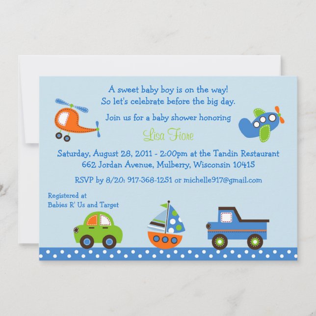 Tiny Trips Transportation Baby Shower Invitations (Front)