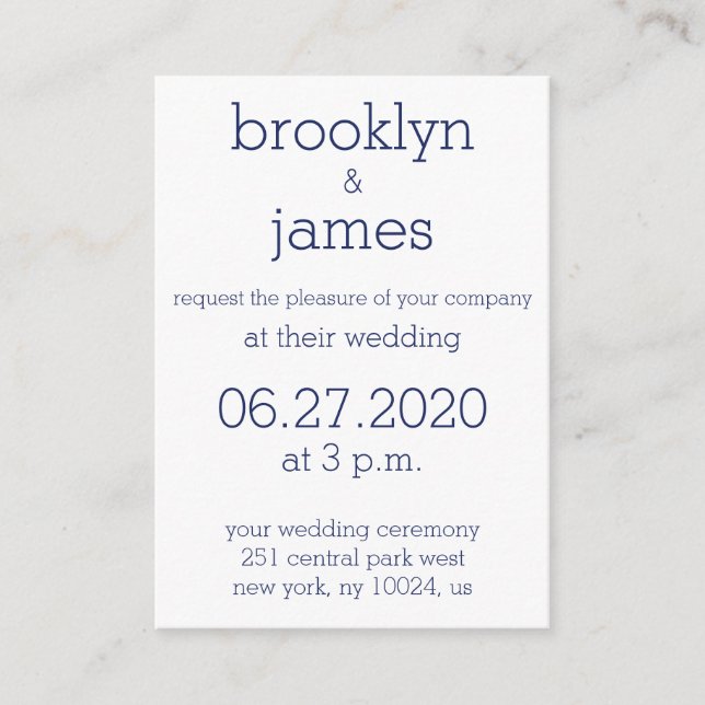 Tiny White Navy Blue Modern Wedding Invitations (Front)