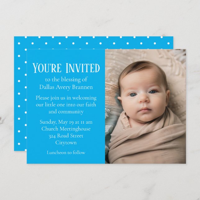 Tiny White Spots on Blue Photo Baby Blessing Invitation (Front/Back)