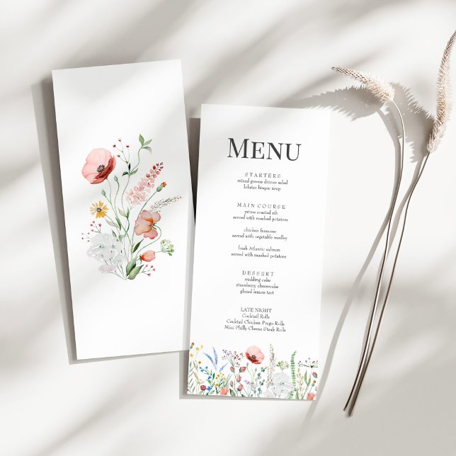 Tiny Wildflower Meadow Wedding Menu Card (Tiny Wildflower Meadow Wedding Menu Card on a sunny white table with a dry wildflower.)