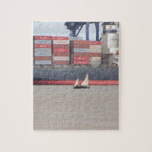 Tiny Yacht And Huge Container Ship Jigsaw Puzzle