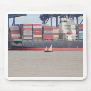 Tiny Yacht  And Huge Container Ship Mouse Mat