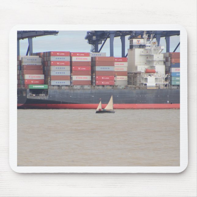 Tiny Yacht  And Huge Container Ship Mouse Mat (Front)