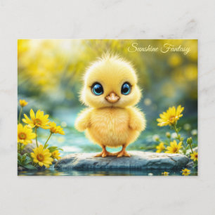 Tiny yellow chick dreamy golden light nature art postcard