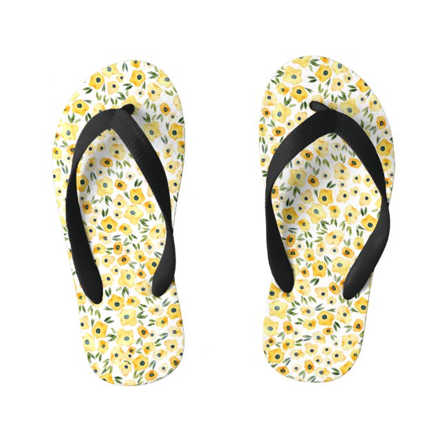 Tiny Yellow Flowers: Watercolor Seamless. Kid's Flip Flops (Footbed)