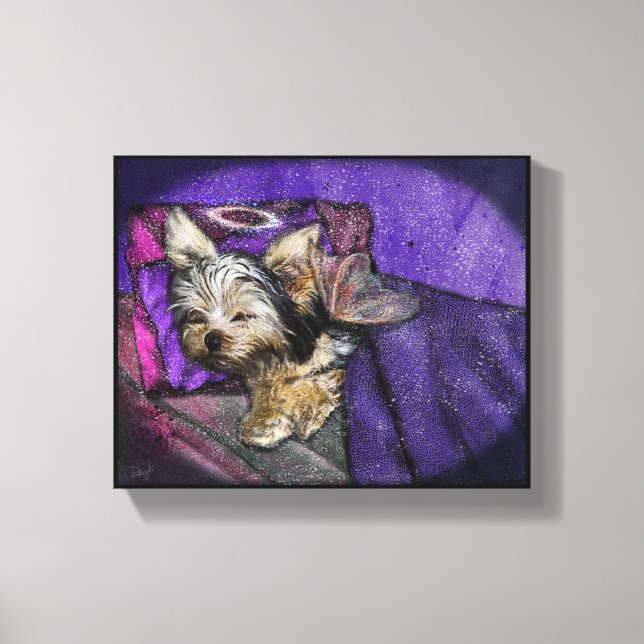Tiny Yorkie Sleeping Angel Halo Memorial Art Canva Canvas Print (Front)