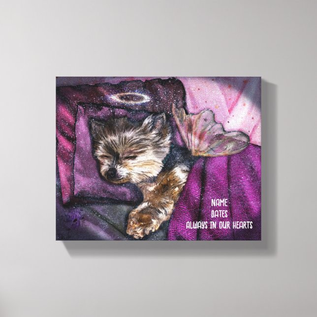 Tiny Yorkie Sleeping Angel Halo Memorial Art Canvas Print (Front)