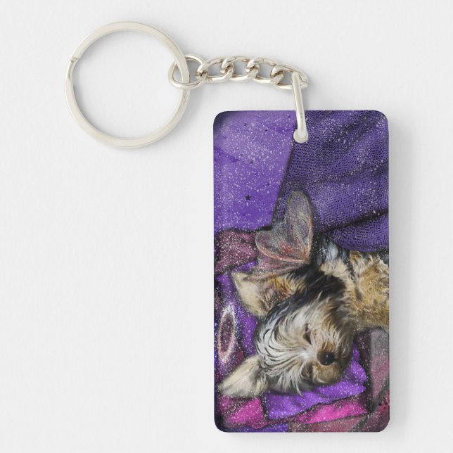 Tiny Yorkie Sleeping Angel Halo Memorial Art Key Ring (Front)