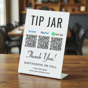 Tip Jar Venmo Paypal Cashapp QR Codes Tabletop Pedestal Sign