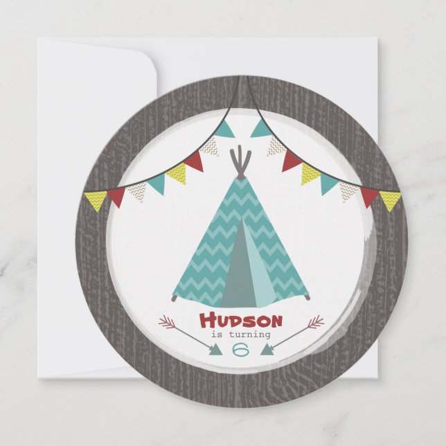 Tipi Birthday Party Round Invite Turquoise (Front)
