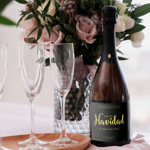 Tipografia Dorada y Negro Feliz Navidad Español Sparkling Wine Label