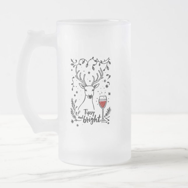 Tipsy and Bright Deer  Frosted Glass Beer Mug (Left)