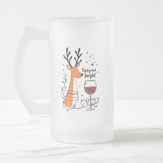 Tipsy and Bright Reindeer  Frosted Glass Beer Mug (Left)