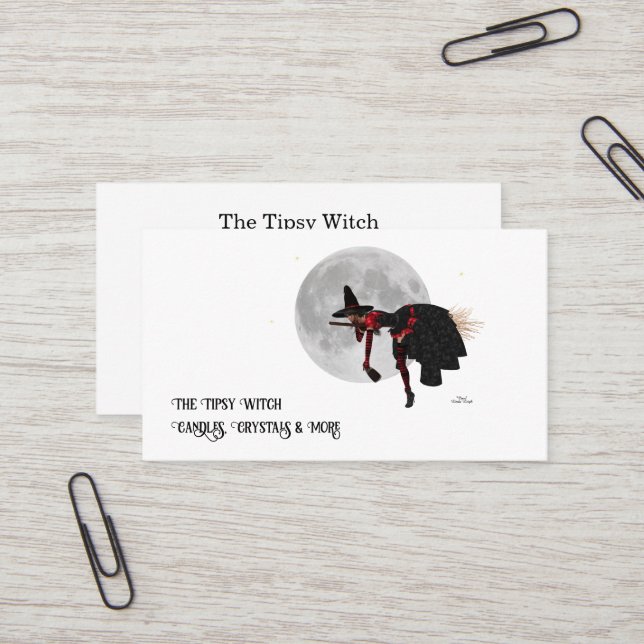 Tipsy Witch On Flying Broom Business Cards (Front/Back In Situ)