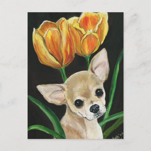 "TipToeing Thru the Tulips" Chihuahua Art Postcard (Front)