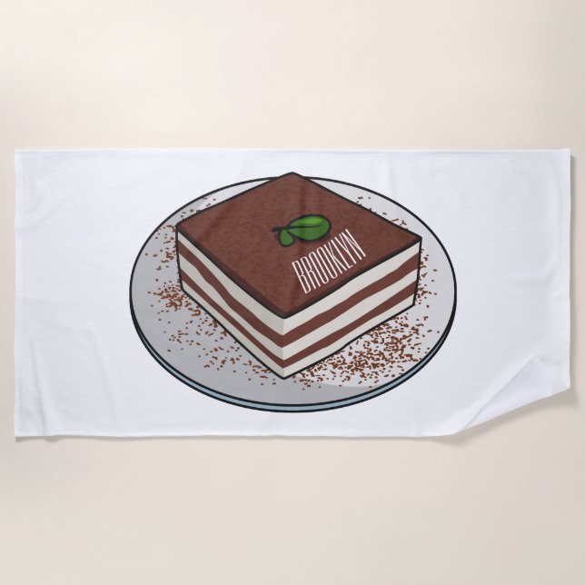 Tiramisu cake cartoon illustration beach towel (Front)