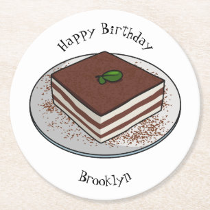 Tiramisu cake cartoon illustration round paper coaster