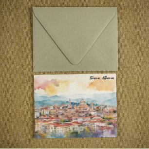 Tirana Albania Watercolor Painting Panorama View Card