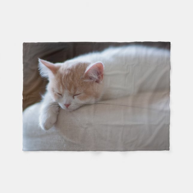 Tired Beige And White Kitten Fleece Blanket (Front (Horizontal))