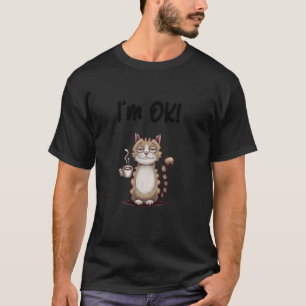 Tired cat with coffee and a confused smile saying T-Shirt